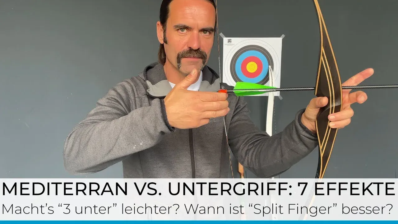 Titelbild des Videos, ein Bogensportler zeigt mit den Fingern den Griff in die Sehne, daneben ein Langbogen und eine Zielscheibe