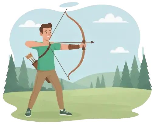 Illustration: Ein Bogenschütze mit Rückenköcher steht auf einer Wiese und zieht einen traditionellen Bogen aus