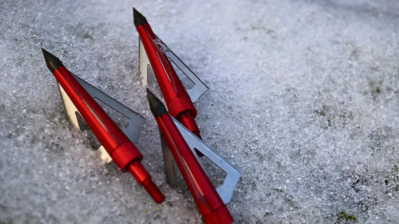 Drei Jagdspitzen mit feststehenden Klingen und rot eloxiertem Schaft liegen im Schnee