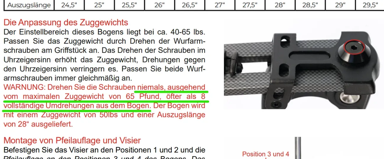 Anleitungsauszug mit der maximalen Anzahl an Umdrehungen zum Einstellen des Zuggewichts